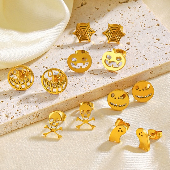 Picture of Eco-friendly Ins Style Halloween 18K Gold Plated 304 Stainless Steel Skeleton Skull Ghost Face Hollow Ear Post Stud Earrings Unisex Halloween