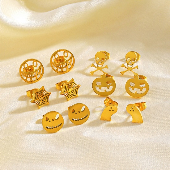 Picture of Eco-friendly Ins Style Halloween 18K Gold Plated 304 Stainless Steel Skeleton Skull Ghost Face Hollow Ear Post Stud Earrings Unisex Halloween