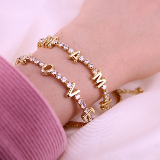 Picture of Eco-friendly Exquisite Mother's Day 18K Gold Plated Brass & Rhinestone Cup Chain Message " Mama " Micro Pave Bracelets For Women Mother's Day