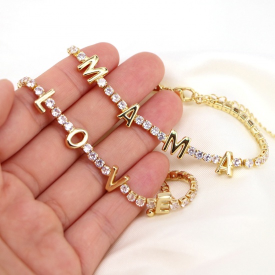 Immagine di 1 Pz Ecologico Squisito Festa Della Mamma Placcato Oro 18K Ottone & Strass Catena della tazza Messaggio " Mama " Micro Spianare Braccialetti Per Donne Festa della Mamma