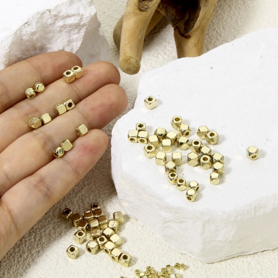 Picture of 50 PCs Zinc Based Alloy Spacer Beads For DIY Charm Jewelry Making Gold Plated Cube