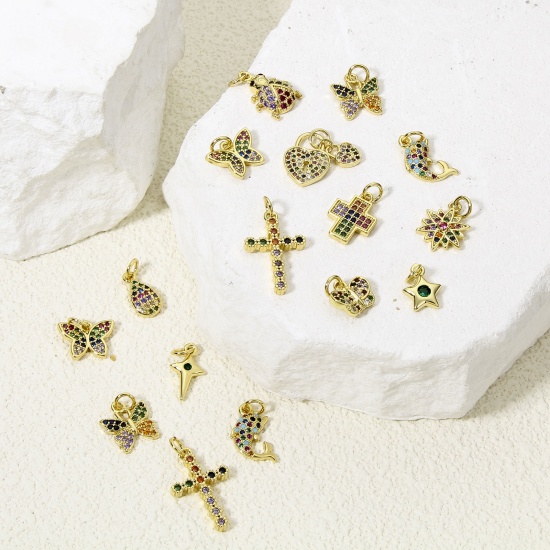 Picture of Brass Charms 18K Gold Plated Butterfly Animal Cross Micro Pave Multicolour Cubic Zirconia
