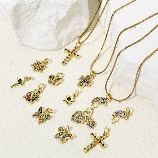 Immagine di 1 Piece Brass Charms 18K Gold Plated Butterfly Animal Cross Micro Pave Multicolour Cubic Zirconia