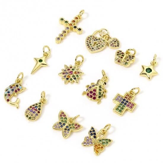 Immagine di 1 Piece Brass Charms 18K Gold Plated Butterfly Animal Cross Micro Pave Multicolour Cubic Zirconia