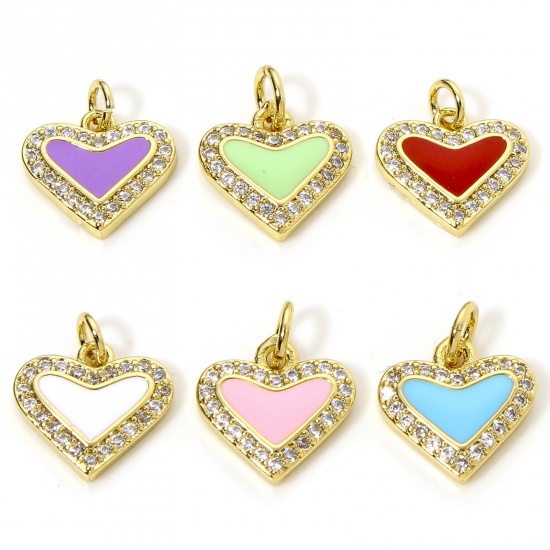 Immagine di 1 Piece Brass Valentine's Day Charms 18K Gold Plated Multicolor Heart Enamel Micro Pave Clear Cubic Zirconia 14.5mm x 12mm