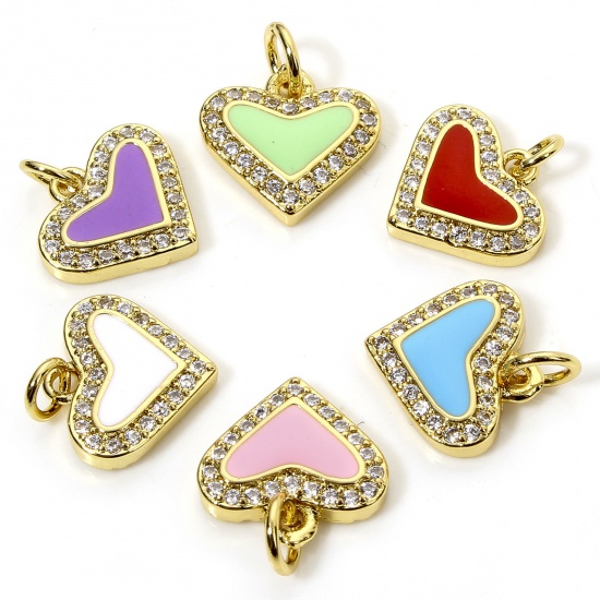 Immagine di 1 Piece Brass Valentine's Day Charms 18K Gold Plated Multicolor Heart Enamel Micro Pave Clear Cubic Zirconia 14.5mm x 12mm