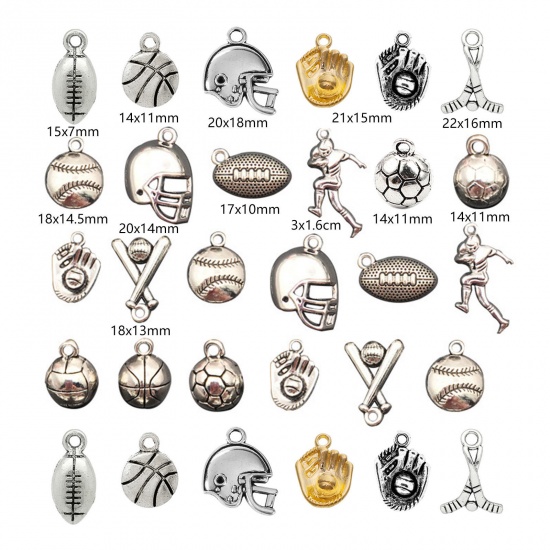 Picture of 20 PCs Zinc Based Alloy Sport Charms Antique Silver Color Football Basketball