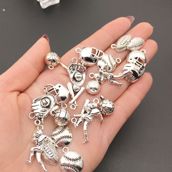Immagine di 20 PCs Zinc Based Alloy Sport Charms Antique Silver Color Football Basketball