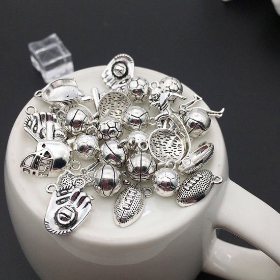 20 PCs Zinc Based Alloy Sport Charms Antique Silver Color Football Basketball の画像