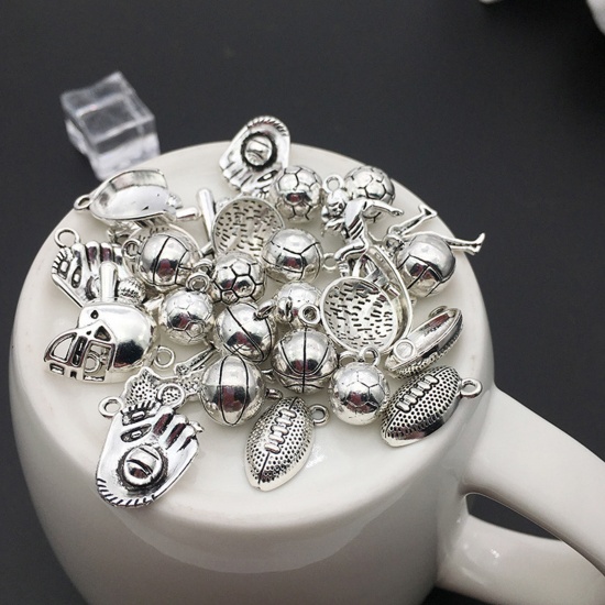 Picture of 20 PCs Zinc Based Alloy Sport Charms Antique Silver Color Football Basketball