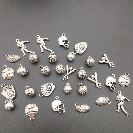 Immagine di 20 PCs Zinc Based Alloy Sport Charms Antique Silver Color Football Basketball