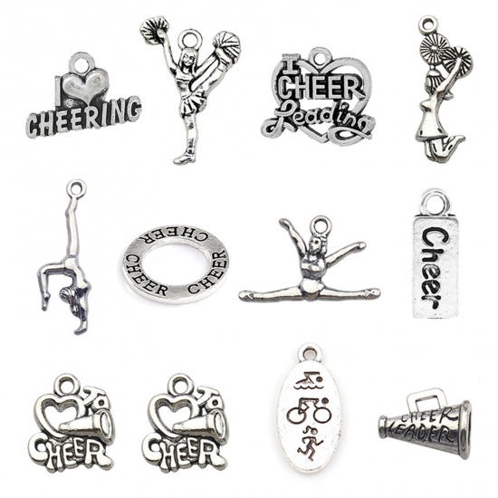 Picture of 20 PCs Zinc Based Alloy Sport Charms Antique Silver Color Message " Cheer "