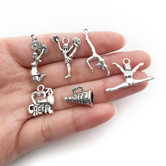 Picture of 20 PCs Zinc Based Alloy Sport Charms Antique Silver Color Message " Cheer "
