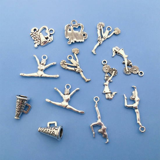 Immagine di 20 PCs Zinc Based Alloy Sport Charms Antique Silver Color Message " Cheer "