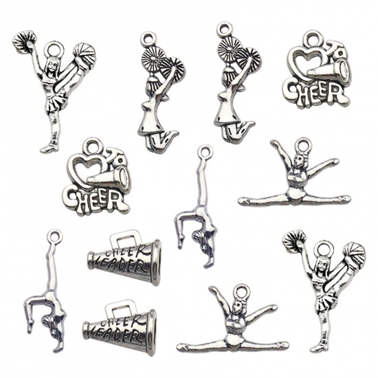 Picture of Zinc Based Alloy Sport Charms Antique Silver Color Message " Cheer "