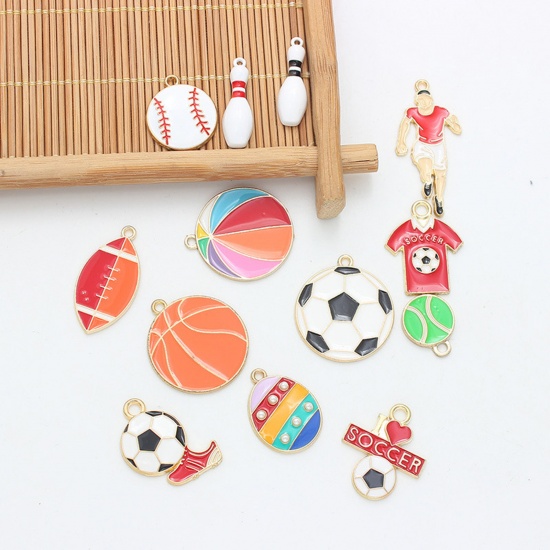 Picture of 10 PCs Zinc Based Alloy Sport Charms Gold Plated Multicolor Football Enamel