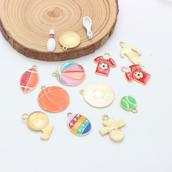 Picture of 10 PCs Zinc Based Alloy Sport Charms Gold Plated Multicolor Football Enamel
