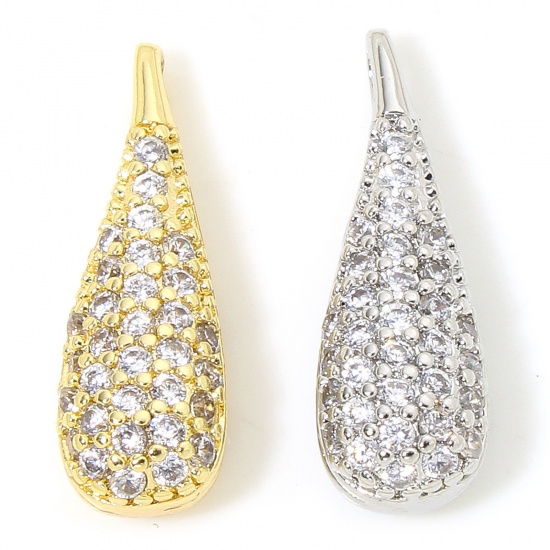Immagine di 1 Pz Ecologico Ottone Micro Intarsio Ciondoli Goccia Vero Oro Placcato 3D Trasparente Cubic Zirconiae 18mm x 6mm