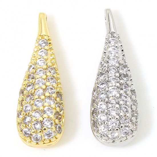 Immagine di 1 Piece Eco-friendly Brass Micro Pave Charms Real Gold Plated Drop 3D Clear Cubic Zirconia 18mm x 6mm