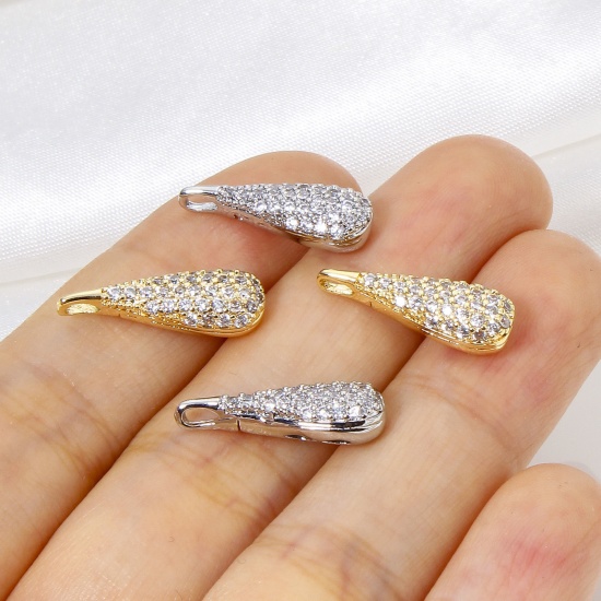 Immagine di 1 Piece Eco-friendly Brass Micro Pave Charms Real Gold Plated Drop 3D Clear Cubic Zirconia 18mm x 6mm