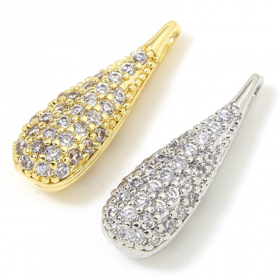 Immagine di 1 Piece Eco-friendly Brass Micro Pave Charms Real Gold Plated Drop 3D Clear Cubic Zirconia 18mm x 6mm