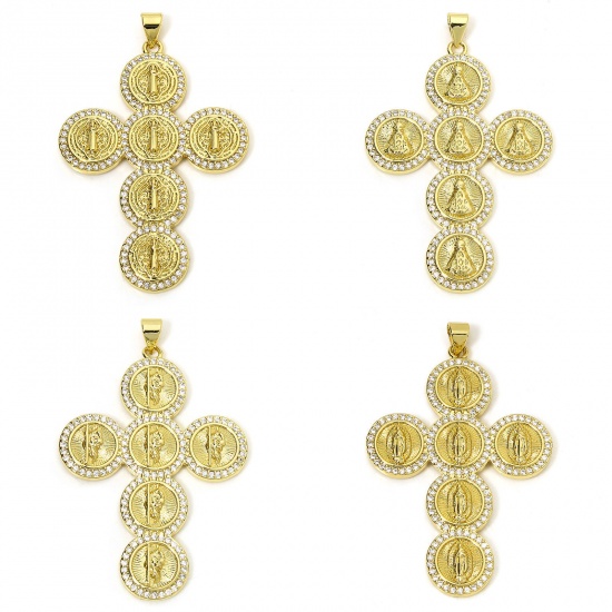 Picture of 1 Piece Eco-friendly Brass Religious Pendants 18K Real Gold Plated Cross Micro Pave Clear Cubic Zirconia 5cm x 3.2cm