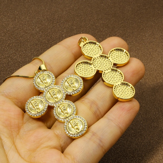 Immagine di 1 Pz Ecologico Ottone Religione Ciondoli Pendenti Croce 18K Oro riempito Micro Spianare Trasparente Cubic Zirconiae 5cm x 3.2cm