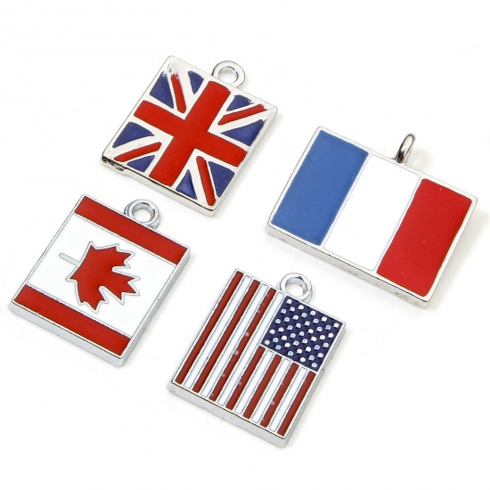 Picture of 20 PCs Zinc Based Alloy Sport Charms Silver Tone Multicolor National Flag Enamel
