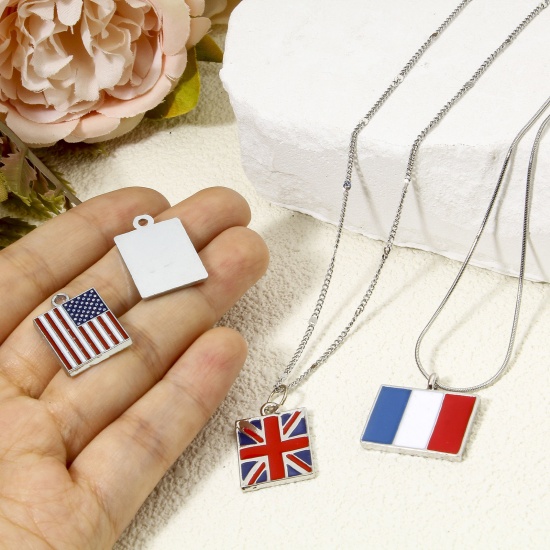 Picture of 20 PCs Zinc Based Alloy Sport Charms Silver Tone Multicolor National Flag Enamel