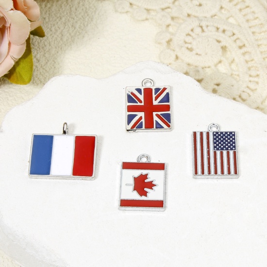 Picture of 20 PCs Zinc Based Alloy Sport Charms Silver Tone Multicolor National Flag Enamel