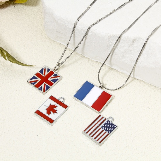 Picture of 20 PCs Zinc Based Alloy Sport Charms Silver Tone Multicolor National Flag Enamel