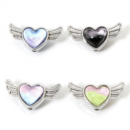 Picture of Zinc Based Alloy Valentine's Day Spacer Beads For DIY Jewelry Making Silver Tone Heart Wing With Glass Cabochons About 21mm x 10.5mm, Hole: Approx 1.6mm