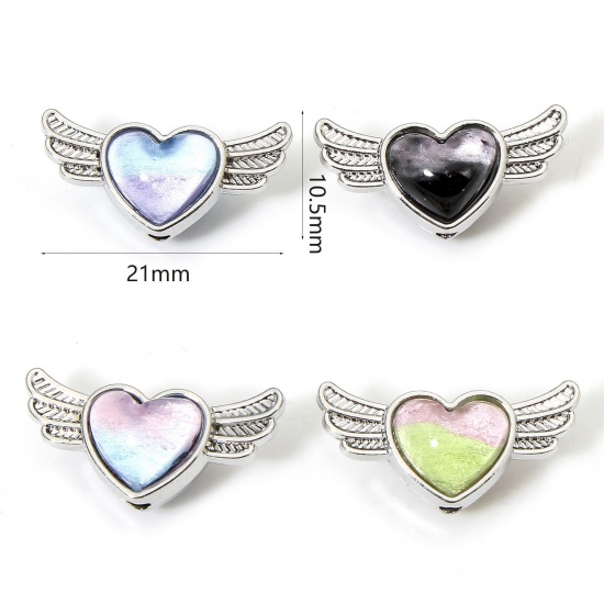 Picture of Zinc Based Alloy Valentine's Day Spacer Beads For DIY Jewelry Making Silver Tone Heart Wing With Glass Cabochons About 21mm x 10.5mm, Hole: Approx 1.6mm