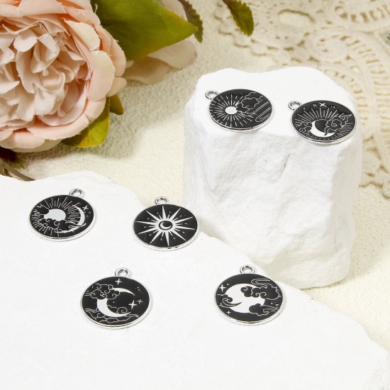 Picture of 10 PCs Zinc Based Alloy Galaxy Charms Silver Tone Black & White Sun Moon Enamel 22mm x 19mm