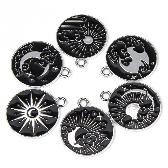 Picture of 10 PCs Zinc Based Alloy Galaxy Charms Silver Tone Black & White Sun Moon Enamel 22mm x 19mm