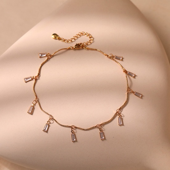 Immagine di Eco-friendly Vacuum Plating Exquisite Ins Style 18K Real Gold Plated Brass & Rhinestone Handmade Link Chain Tassel Oval Anklet For Women Party