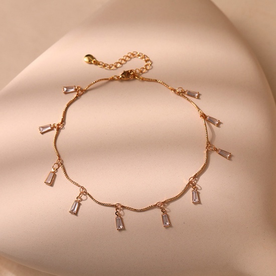 Picture of Eco-friendly Vacuum Plating Exquisite Ins Style 18K Real Gold Plated Brass & Rhinestone Handmade Link Chain Tassel Oval Anklet For Women Party