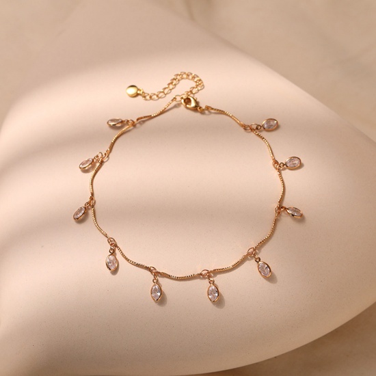 Picture of Eco-friendly Vacuum Plating Exquisite Ins Style 18K Real Gold Plated Brass & Rhinestone Handmade Link Chain Tassel Oval Anklet For Women Party