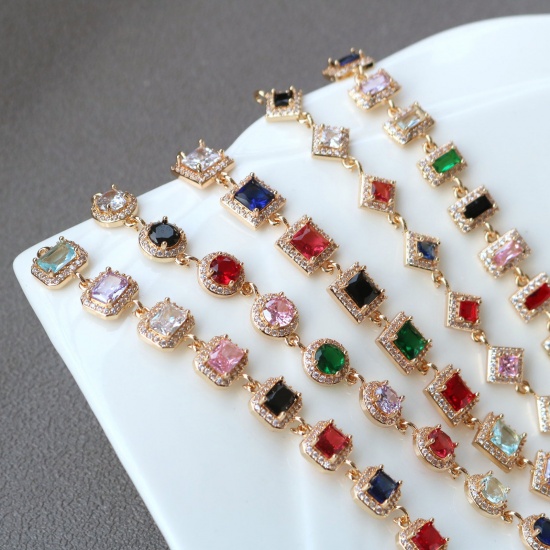 Picture of 2 PCs Brass & Glass Geometric Connectors Charms Pendants Gold Plated Multicolor Micro Pave Clear Rhinestone