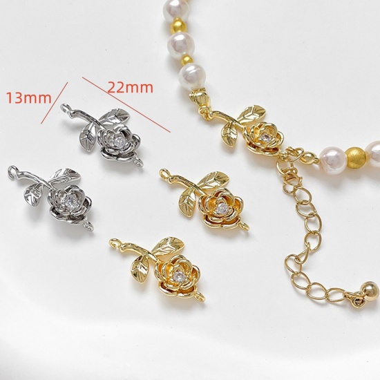 Immagine di 1 Piece Brass Valentine's Day Connectors Charms Pendants Rose Flower Multicolor 3D Clear Cubic Zirconia 22mm x 13mm