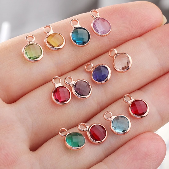 Image de 5 Pcs Breloques Pierres de Naissance en Laiton & Verre Multicolore Rond 6mm Dia.