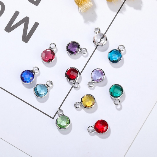 Image de 5 Pcs Breloques Pierres de Naissance en Laiton & Verre Multicolore Rond 6mm Dia.