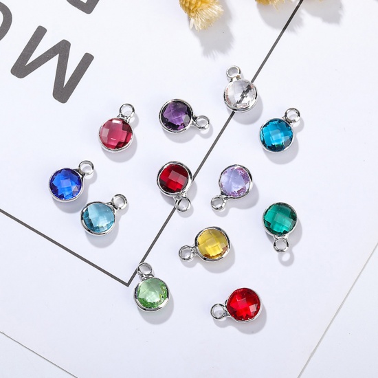 Immagine di 5 PCs Brass & Glass Birthstone Charms Multicolor Round 6mm Dia.