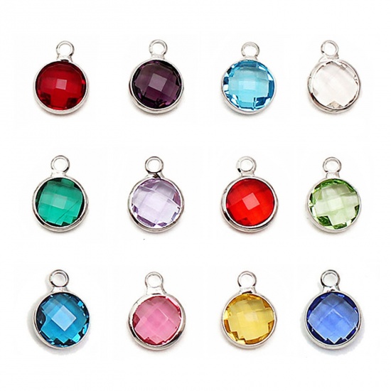Image de 5 Pcs Breloques Pierres de Naissance en Laiton & Verre Multicolore Rond 6mm Dia.
