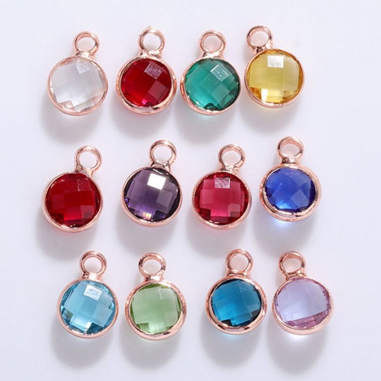 Image de 5 Pcs Breloques Pierres de Naissance en Laiton & Verre Multicolore Rond 6mm Dia.