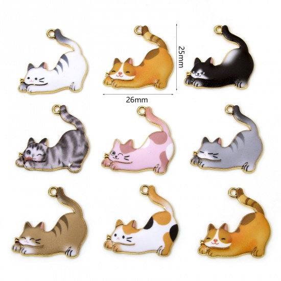 Immagine di 10 PCs Zinc Based Alloy Charms Gold Plated Multicolor Cat Animal Animal Enamel 26mm x 25mm