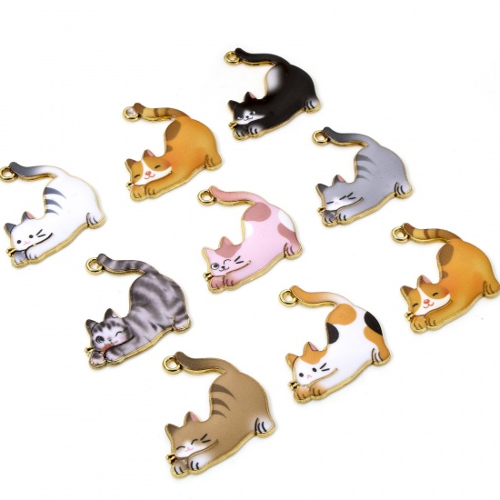 Immagine di 10 PCs Zinc Based Alloy Charms Gold Plated Multicolor Cat Animal Animal Enamel 26mm x 25mm