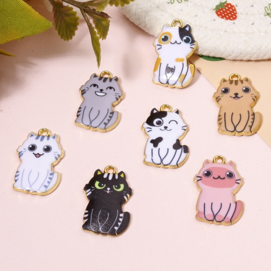 Immagine di 10 PCs Zinc Based Alloy Charms Gold Plated Multicolor Cat Animal Animal Enamel 25mm x 17mm