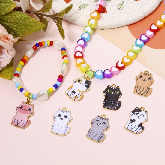 Immagine di 10 PCs Zinc Based Alloy Charms Gold Plated Multicolor Cat Animal Animal Enamel 25mm x 17mm