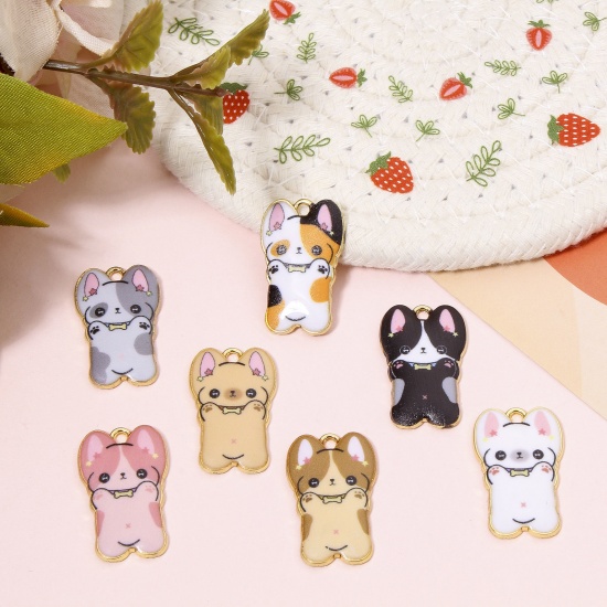 Picture of 10 PCs Zinc Based Alloy Charms Gold Plated Multicolor Dog Animal Animal Enamel 25mm x 16mm